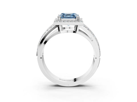White gold Fancy Blue Asscher Cut Diamond Halo Ring with Split Shank Pavé Band and Four-Prong Setting_39
