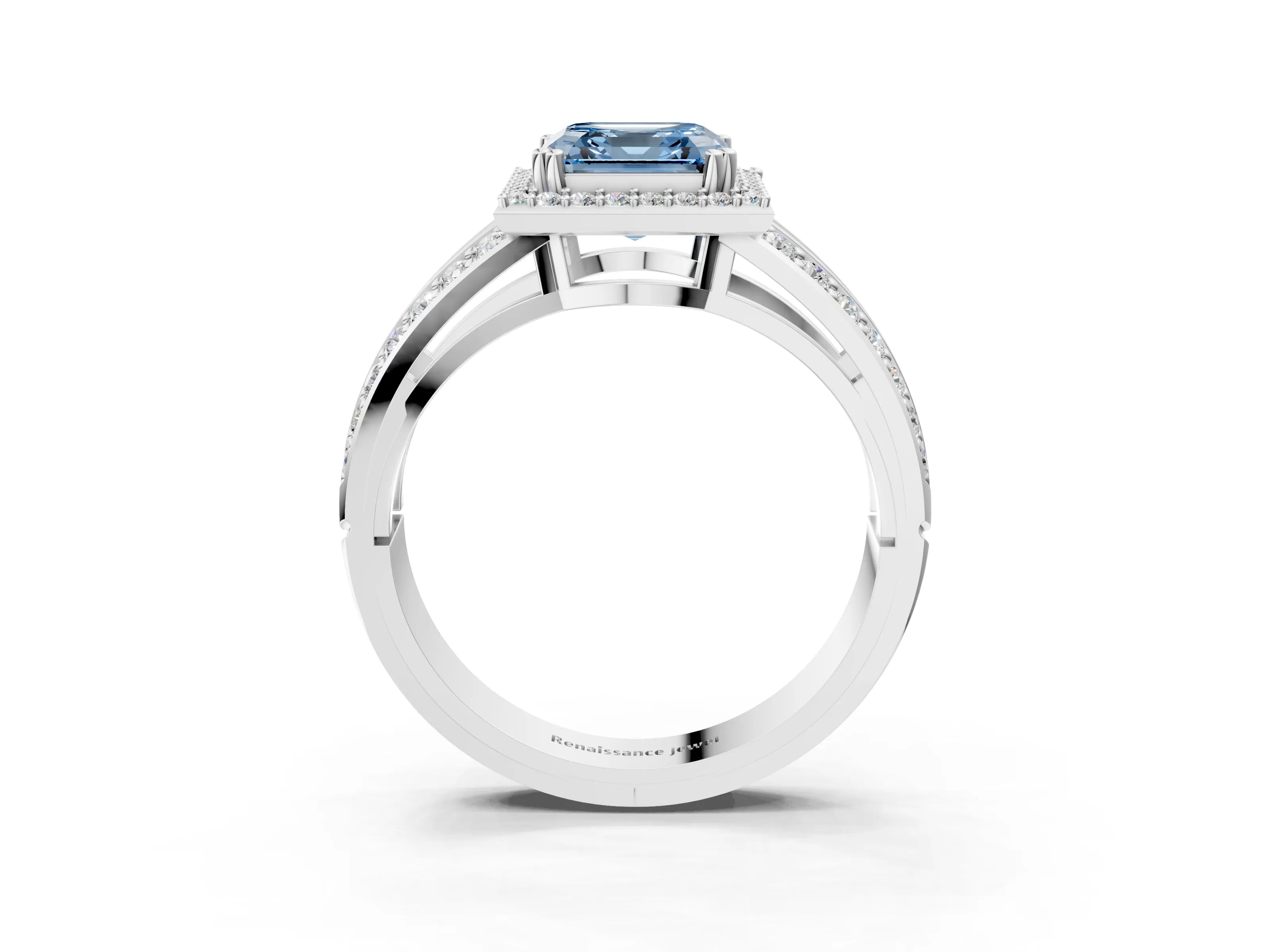 White gold Fancy Blue Asscher Cut Diamond Halo Ring with Split Shank Pavé Band and Four-Prong Setting_3