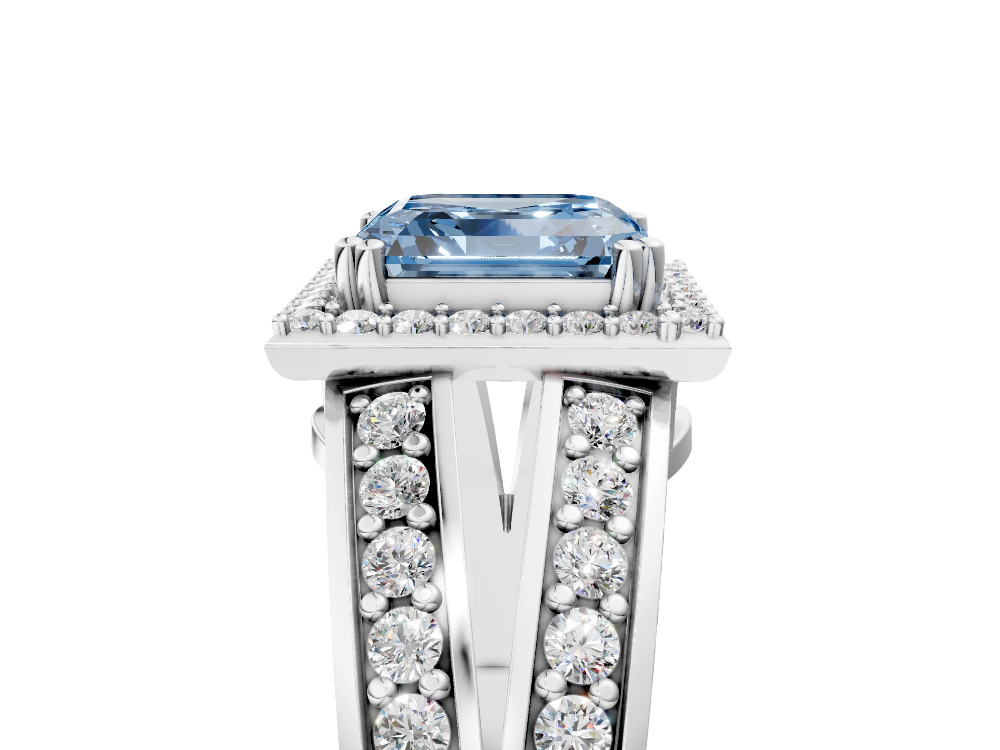 White gold Fancy Blue Asscher Cut Diamond Halo Ring with Split Shank Pavé Band and Four-Prong Setting_41