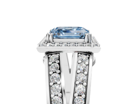 White gold Fancy Blue Asscher Cut Diamond Halo Ring with Split Shank Pavé Band and Four-Prong Setting_41