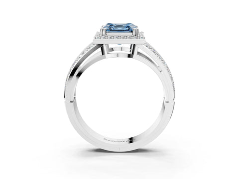 White gold Fancy Blue Asscher Cut Diamond Halo Ring with Split Shank Pavé Band and Four-Prong Setting_45