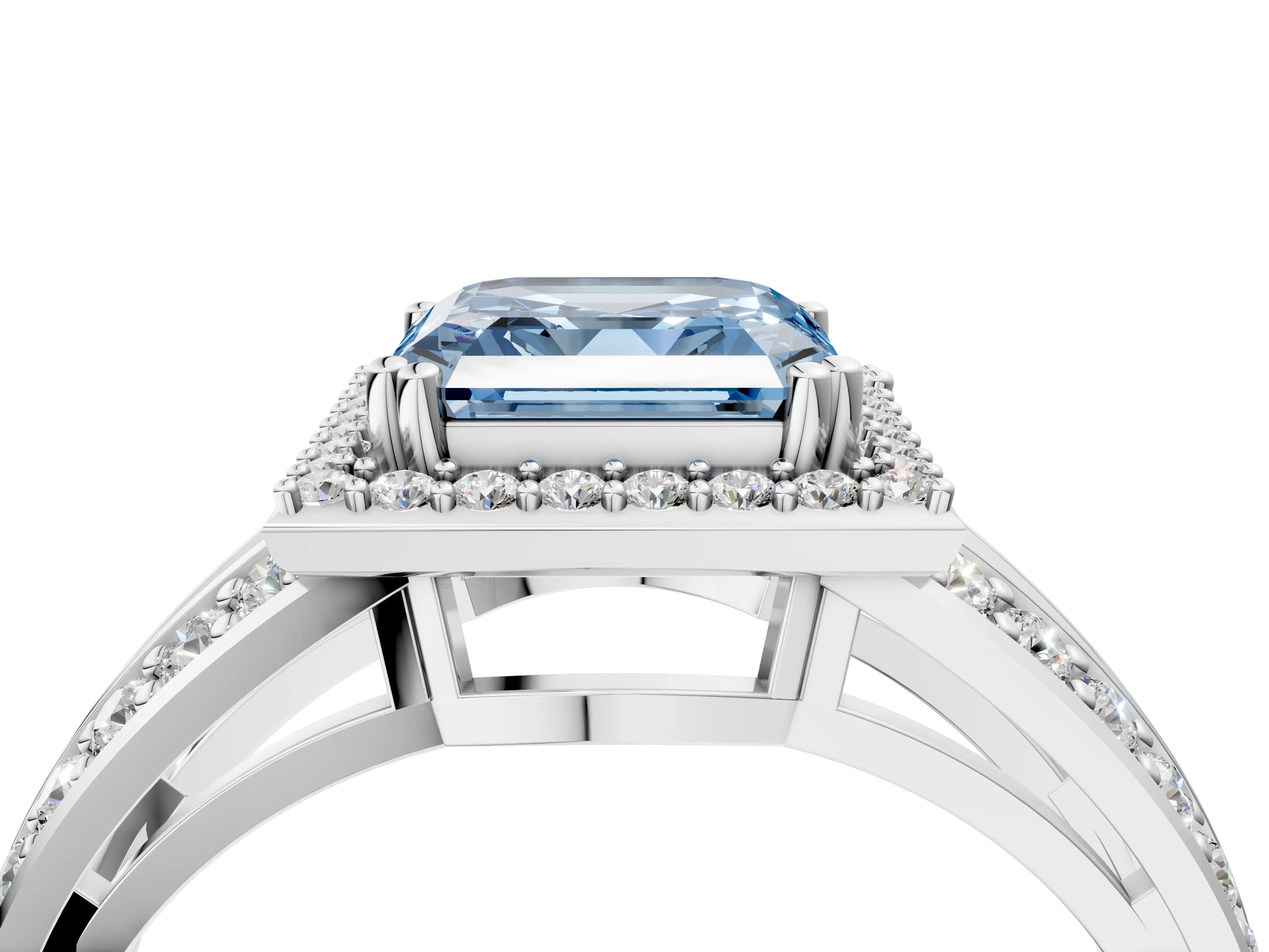 White gold Fancy Blue Asscher Cut Diamond Halo Ring with Split Shank Pavé Band and Four-Prong Setting_46