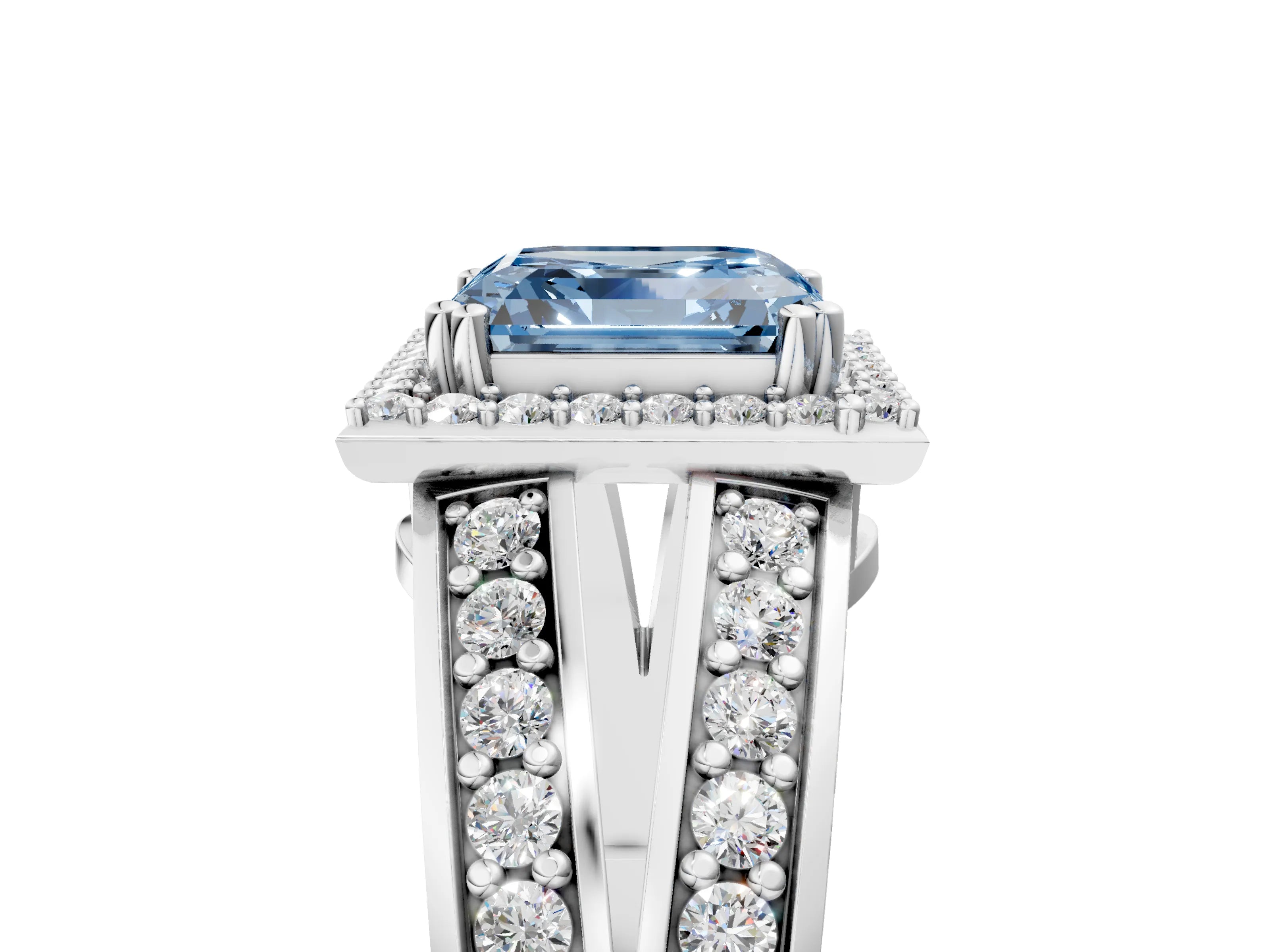 White gold Fancy Blue Asscher Cut Diamond Halo Ring with Split Shank Pavé Band and Four-Prong Setting_47
