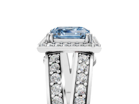 White gold Fancy Blue Asscher Cut Diamond Halo Ring with Split Shank Pavé Band and Four-Prong Setting_47
