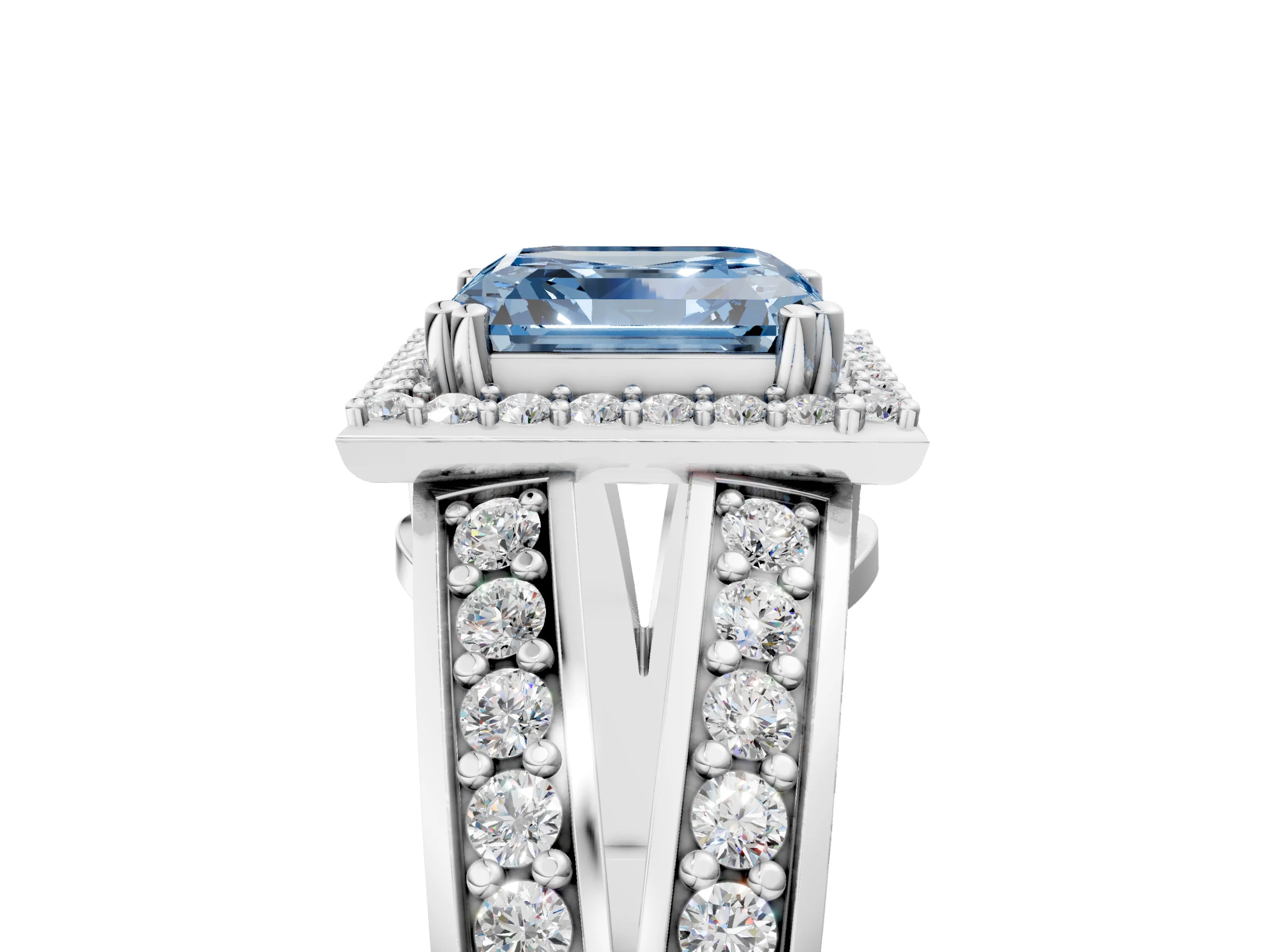 White gold Fancy Blue Asscher Cut Diamond Halo Ring with Split Shank Pavé Band and Four-Prong Setting_5