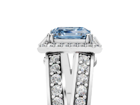 White gold Fancy Blue Asscher Cut Diamond Halo Ring with Split Shank Pavé Band and Four-Prong Setting_5