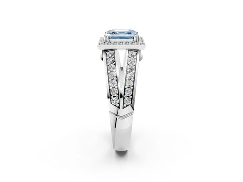 White gold Fancy Blue Asscher Cut Diamond Halo Ring with Split Shank Pavé Band and Four-Prong Setting_62