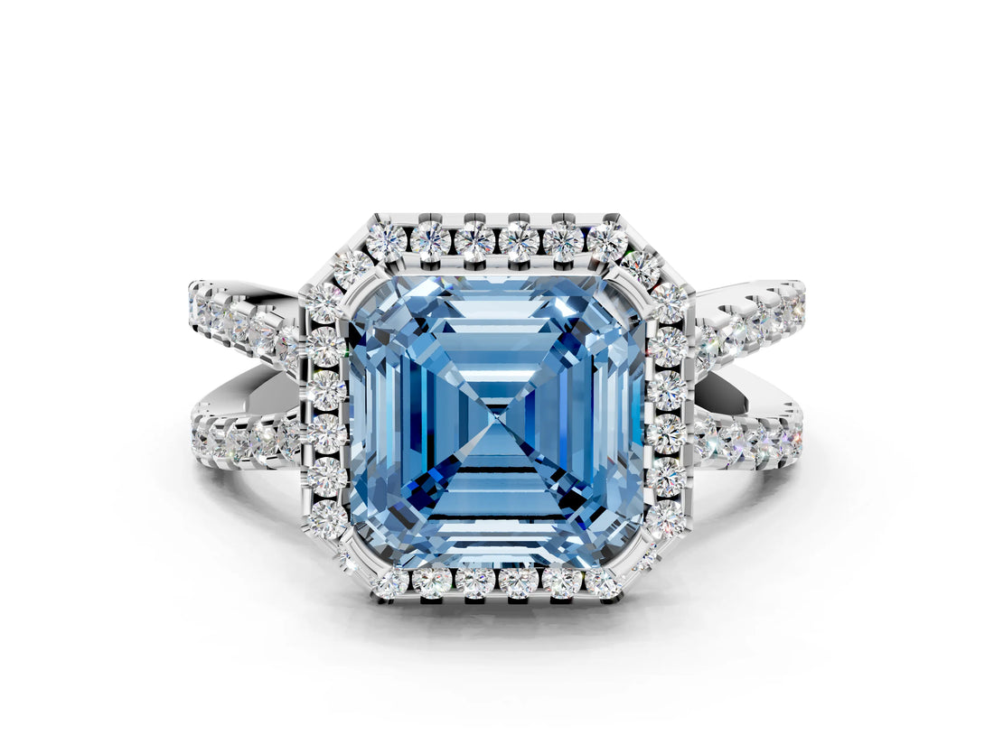 White gold Fancy Blue Asscher Cut Diamond Halo Ring with Split Shank Pavé Band and Prong Setting_34