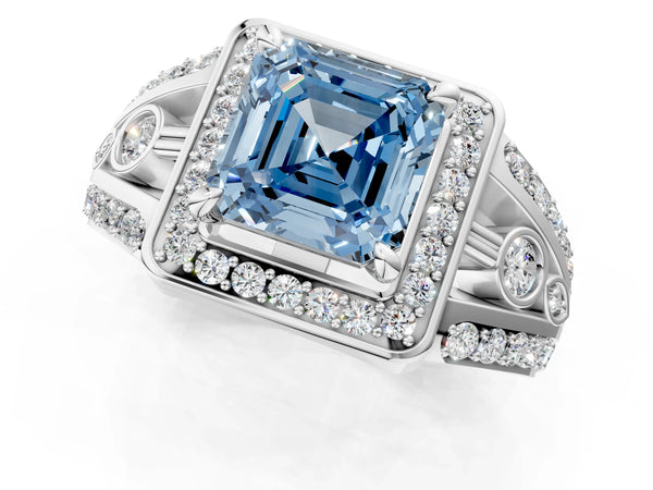 White gold Fancy Blue Asscher Cut Diamond Halo Ring with Split Shank and Bezel Accents and Four-Prong Setting