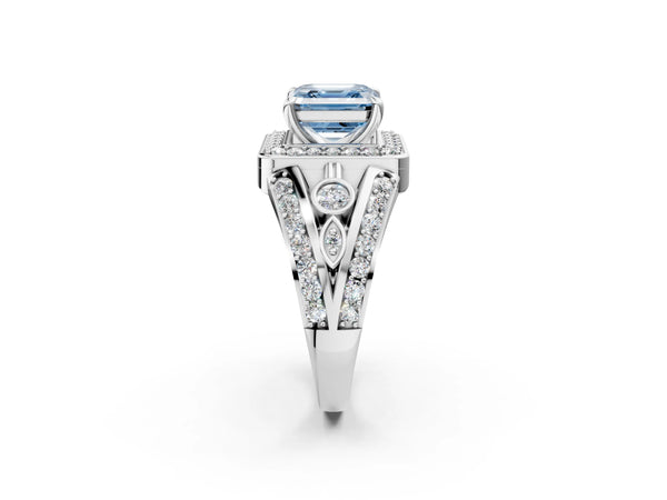 White gold Fancy Blue Asscher Cut Diamond Halo Ring with Split Shank and Bezel Accents and Four-Prong Setting