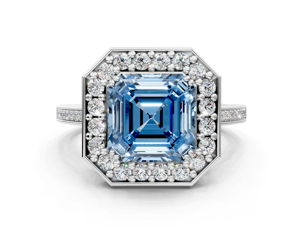 Platinum Fancy Blue Asscher Cut Diamond Halo Ring with Split Shank and Four-Prong Setting