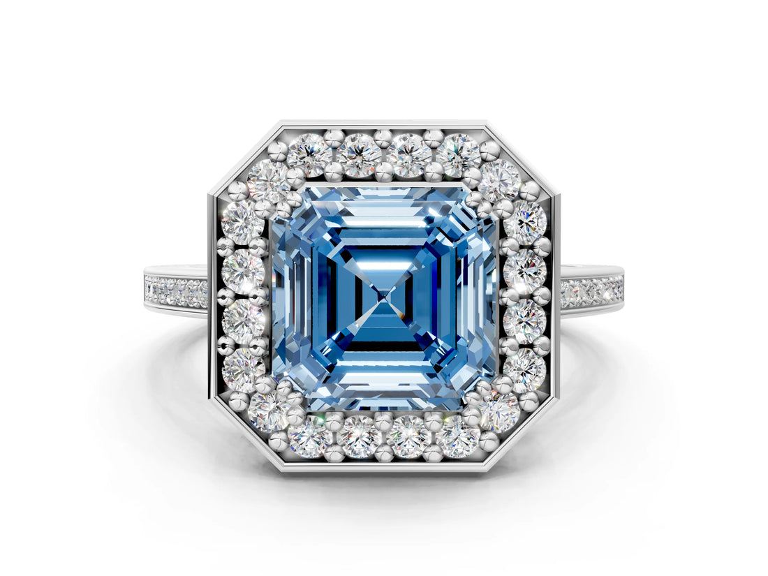 White gold Fancy Blue Asscher Cut Diamond Halo Ring with Split Shank and Four-Prong Setting_17