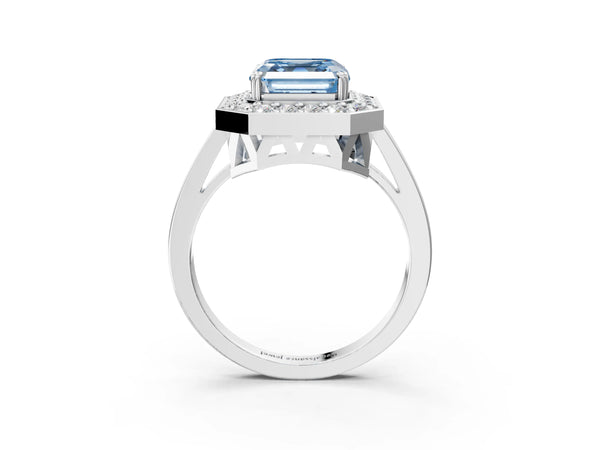 Platinum Fancy Blue Asscher Cut Diamond Halo Ring with Split Shank and Four-Prong Setting