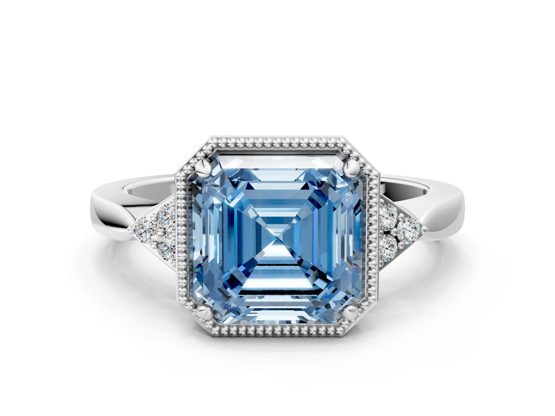 White gold Fancy Blue Asscher Cut Diamond Halo Ring with Tapered Band and Four-Prong Setting_19
