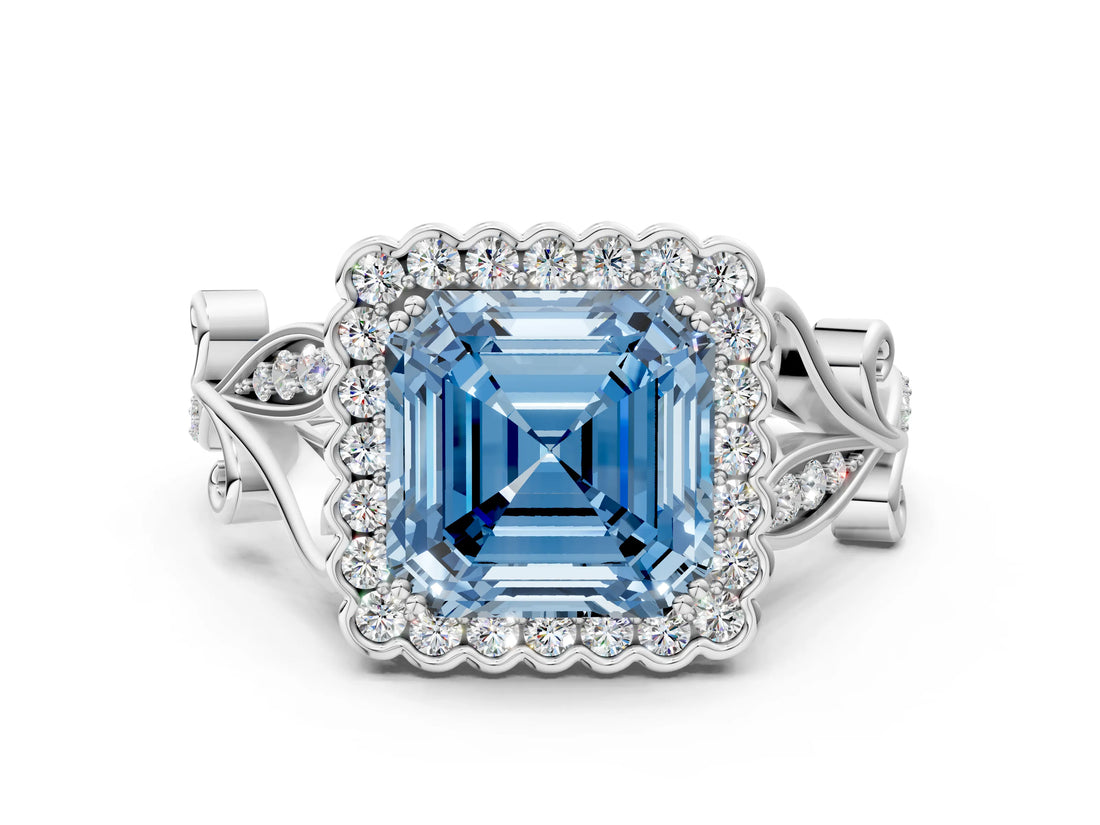 White gold Fancy Blue Asscher Cut Diamond Halo Ring with Vintage Split Shank and Four-Prong Setting_148