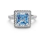 White gold Fancy Blue Asscher  Cut Diamond Milgrain Floral Halo Engagement Ring with Pavé Band_15
