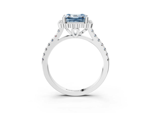 Platinum Fancy Blue Asscher  Cut Diamond Milgrain Floral Halo Engagement Ring with Pavé Band