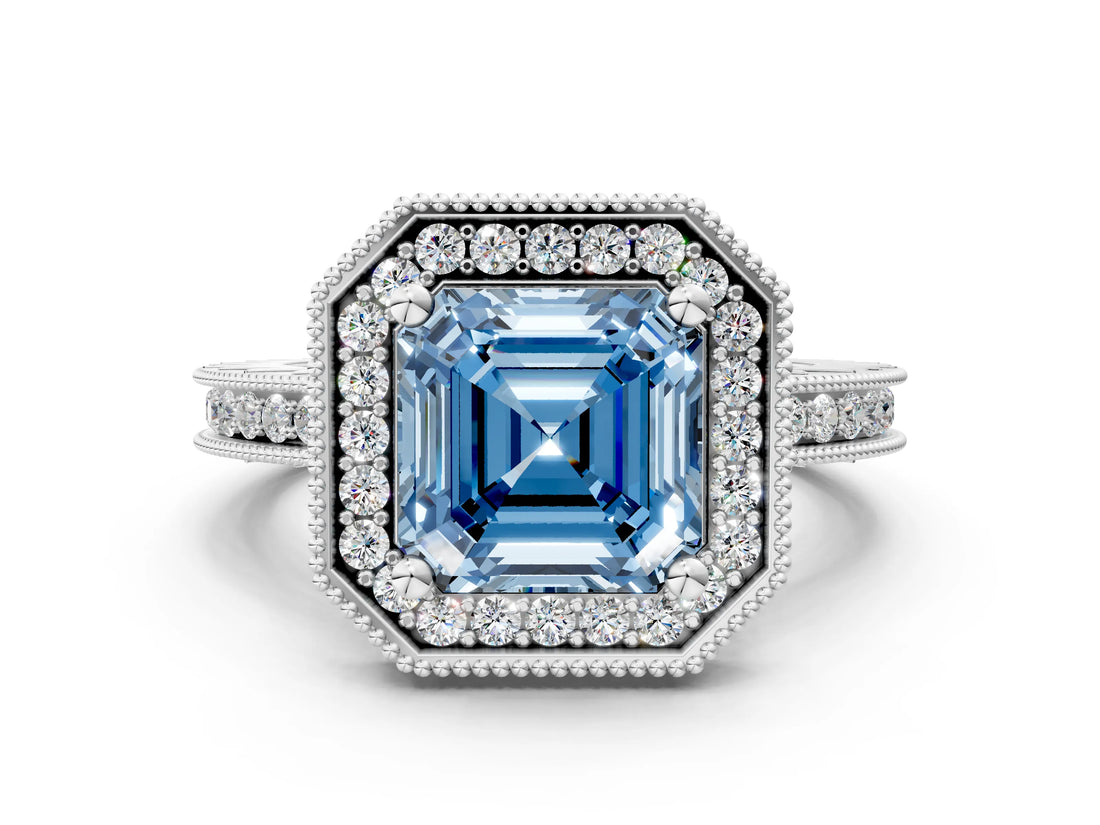 White gold Fancy Blue Asscher Cut Diamond Milgrain Halo Engagement Ring with Round Pavé Band and Prong Setting_12