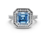 White gold Fancy Blue Asscher Cut Diamond Milgrain Halo Engagement Ring with Round Pavé Band and Prong Setting_12
