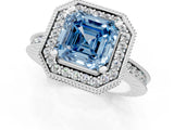 White gold Fancy Blue Asscher Cut Diamond Milgrain Halo Engagement Ring with Round Pavé Band and Prong Setting_13
