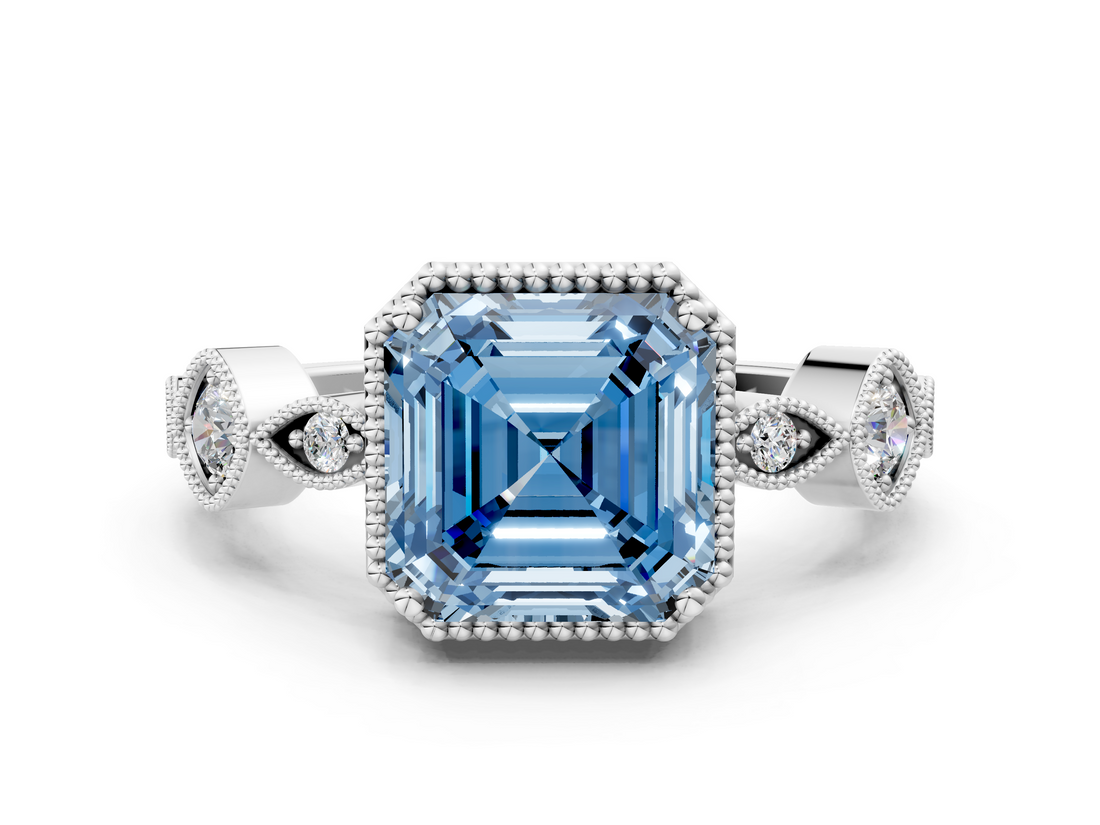 White gold Fancy Blue Asscher  Cut Diamond Milgrain Marquise Band with Prong Setting_3