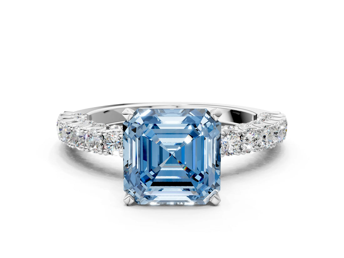 White gold Fancy Blue Asscher Cut Diamond Pavé Band Solitaire Ring with Prong Setting_22