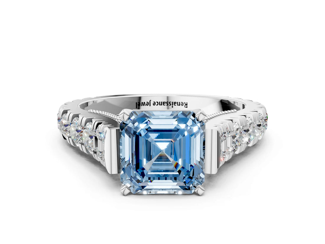 White gold Fancy Blue Asscher  Cut Diamond Pavé Band Solitaire with Four-Prong Setting_15