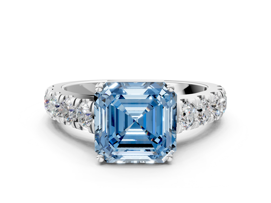 White gold Fancy Blue Asscher  Cut Diamond Pavé Band Solitaire with Four-Prong Setting_3