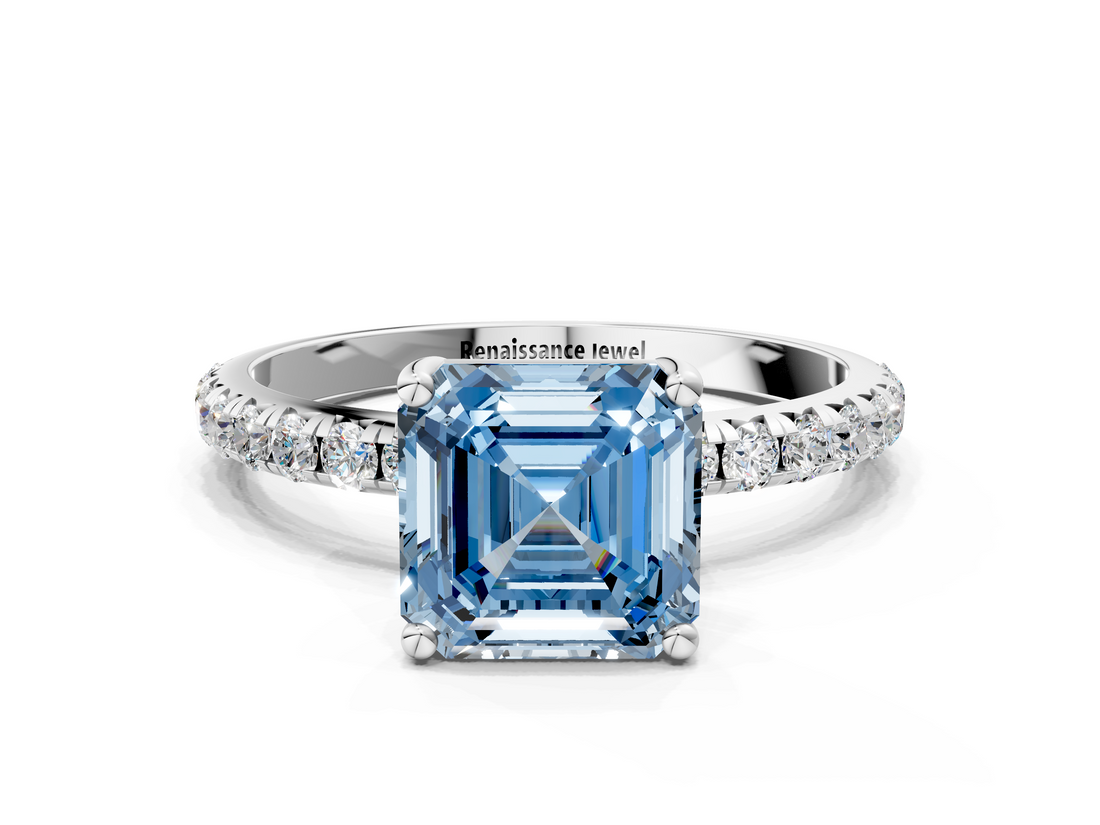 White gold Fancy Blue Asscher  Cut Diamond Pavé Band Solitaire with Four-Prong Setting_32