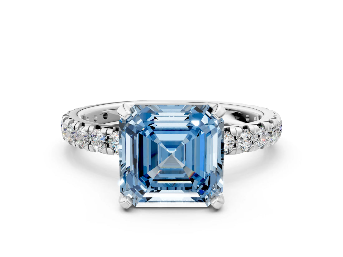 White gold Fancy Blue Asscher  Cut Diamond Pavé Band with Four-Prong Setting_12