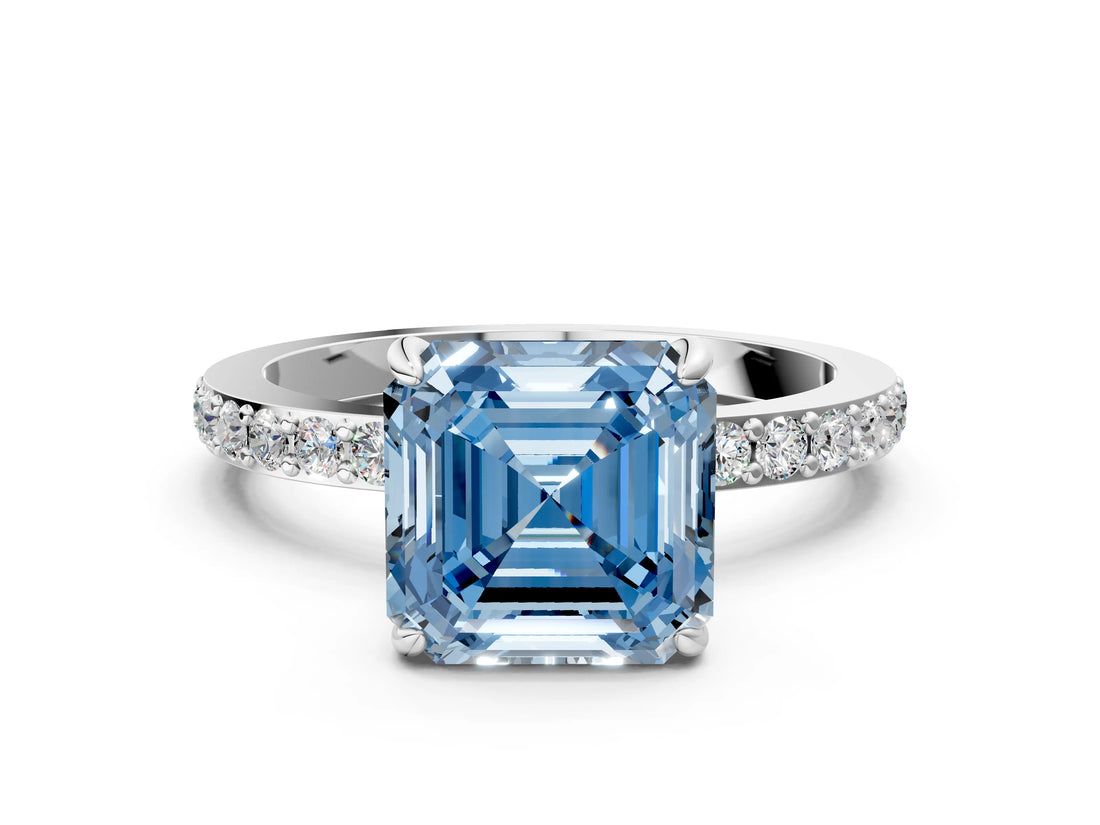 White gold Fancy Blue Asscher Cut Diamond Pavé Engagement Ring with Round  Accents and Prong Setting_58