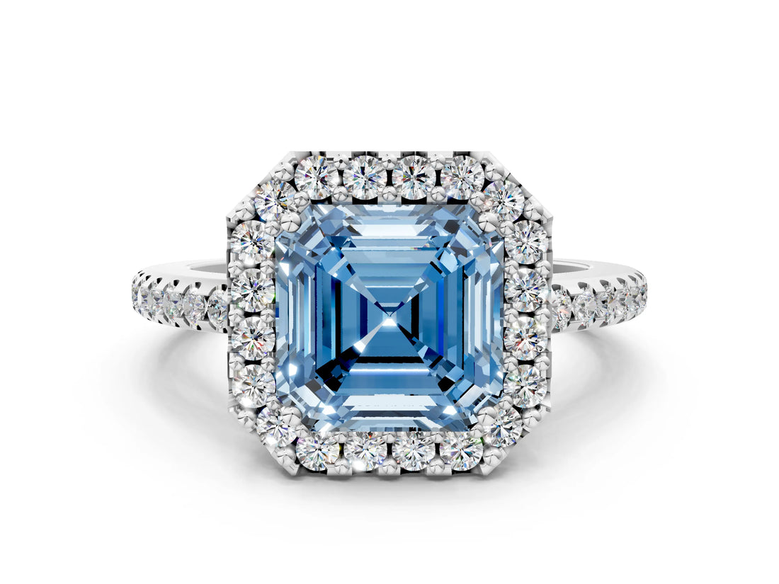 White gold Fancy Blue Asscher Cut Diamond Pavé Halo Ring with Four-Prong Setting_46