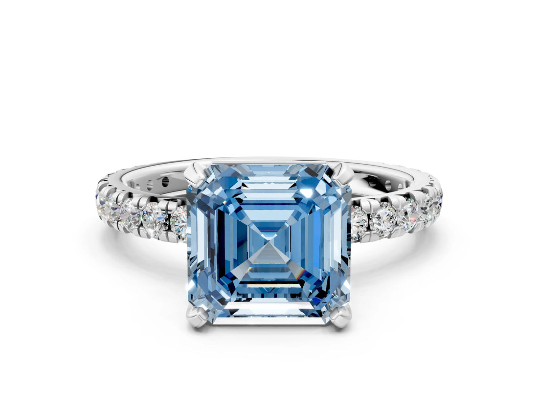 White gold Fancy Blue Asscher Cut Diamond Pavé Solitaire Ring with Round Band and Prong Setting_12