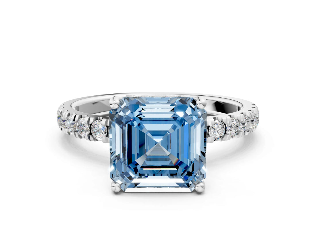White gold Fancy Blue Asscher Cut Diamond Pave Band Solitaire Ring with Round  and Prong Setting_89