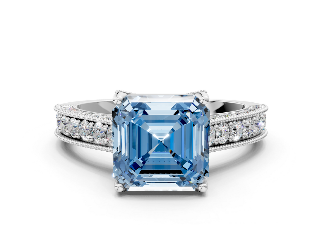 White gold Fancy Blue Asscher  Cut Diamond Pave Band with Four-Prong Setting_12