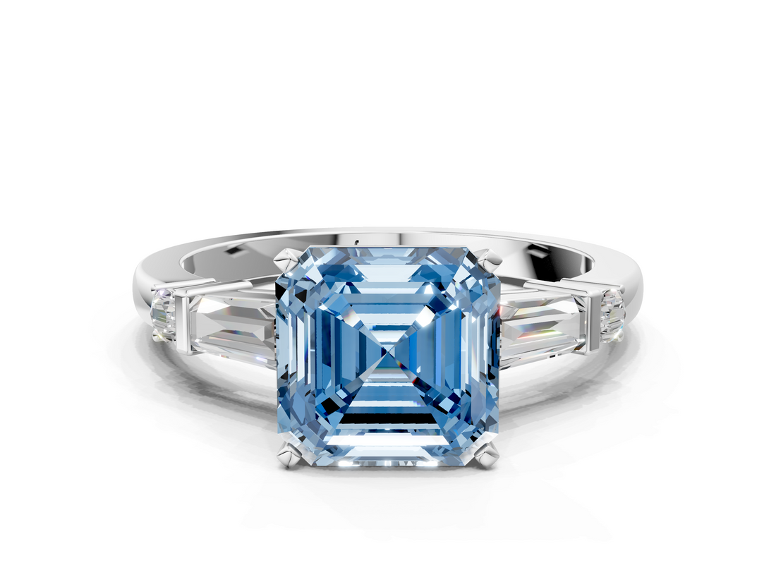 White gold Fancy Blue Asscher  Cut Diamond Ring with Baguette Side Stones, Channel Set Band, and Four-Prong Setting_6