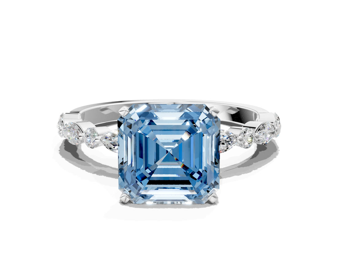 White gold Fancy Blue Asscher Cut Diamond Ring with Marquise and Round  Side Stones and Four-Prong Setting_41