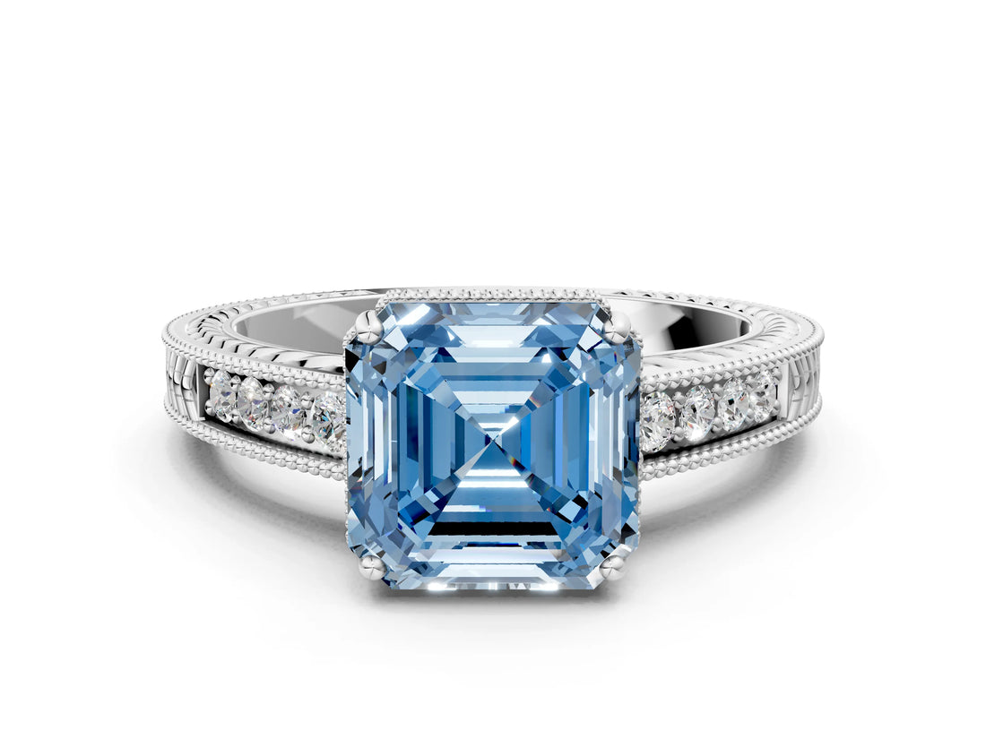 White gold Fancy Blue Asscher Cut Diamond Ring with Milgrain Pavé Band and Four-Prong Setting_31