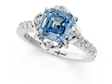 White gold Fancy Blue Asscher Cut Diamond Ring with Pavé Band and Floral Prong Setting_40