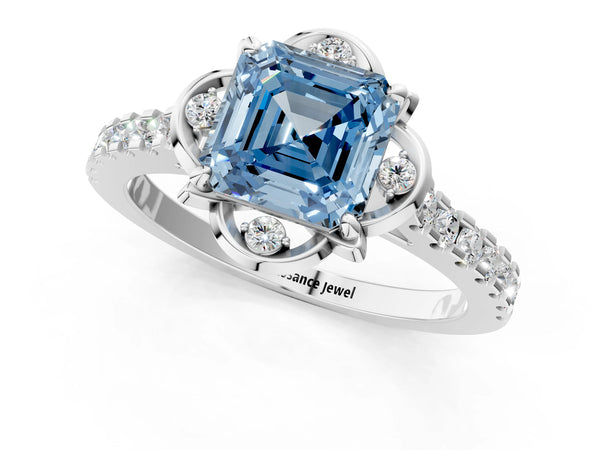 White gold Fancy Blue Asscher Cut Diamond Ring with Pavé Band and Floral Prong Setting
