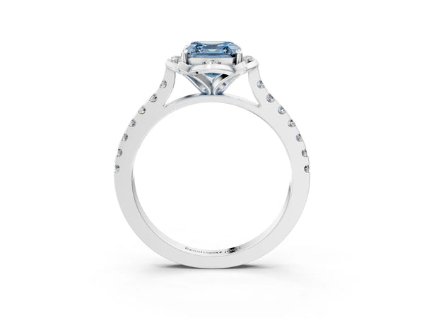 Platinum Asscher Cut Floral Petal Pave Engagement Ring Setting for Fancy Blue Center