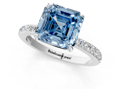 White gold Fancy Blue Asscher  Cut Diamond Ring with Pavé Band and Four-Prong Setting_18