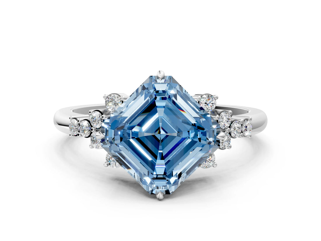 White gold Fancy Blue Asscher Cut Diamond Ring with Side Stones and Four-Prong Setting_94