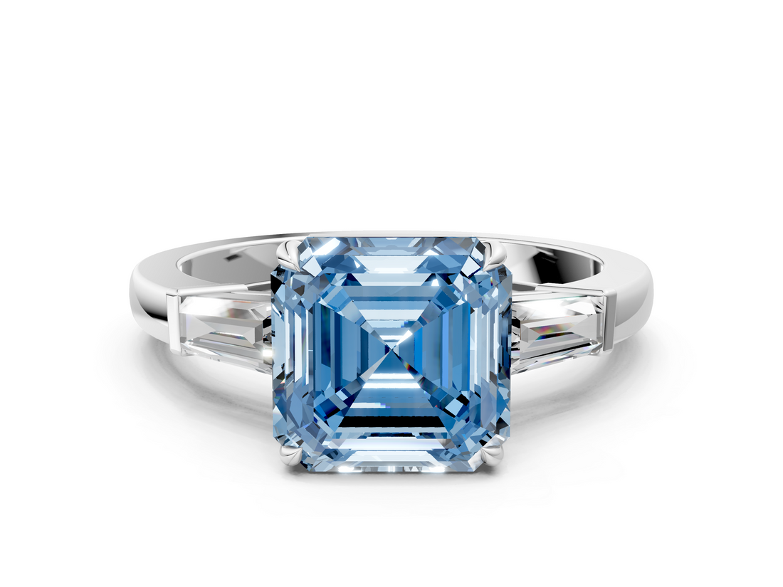 White gold Fancy Blue Asscher  Cut Diamond Ring with Tapered Baguette Side Stones in Four-Prong Setting_3