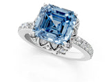 White gold Fancy Blue Asscher Cut Diamond Scalloped Halo Engagement Ring with Round Shared Prong Band_13