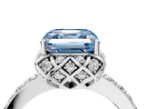 White gold Fancy Blue Asscher Cut Diamond Scalloped Halo Engagement Ring with Round Shared Prong Band_16