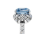 White gold Fancy Blue Asscher Cut Diamond Scalloped Halo Engagement Ring with Round Shared Prong Band_17