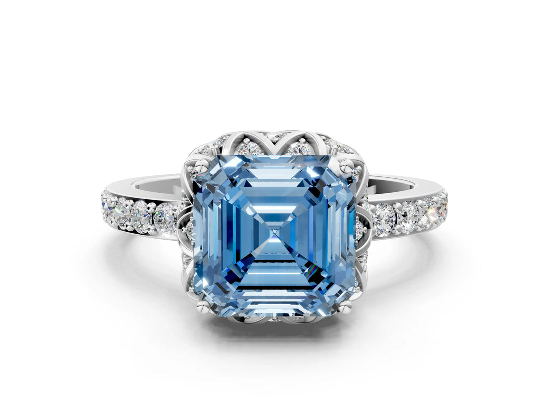 White gold Fancy Blue Asscher Cut Diamond Scalloped Halo Engagement Ring with Round Shared Prong Band_42