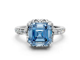 White gold Fancy Blue Asscher Cut Diamond Scalloped Halo Engagement Ring with Round Shared Prong Band_42