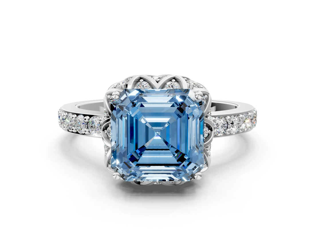White gold Fancy Blue Asscher Cut Diamond Scalloped Halo Engagement Ring with Round Shared Prong Band_60